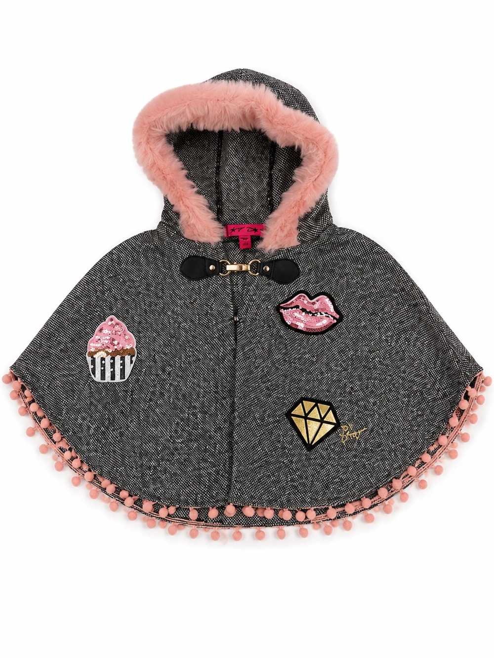 Betsey Johnson Girls 2T Hooded Cape Pink Faux Fur Pom Pom Patches